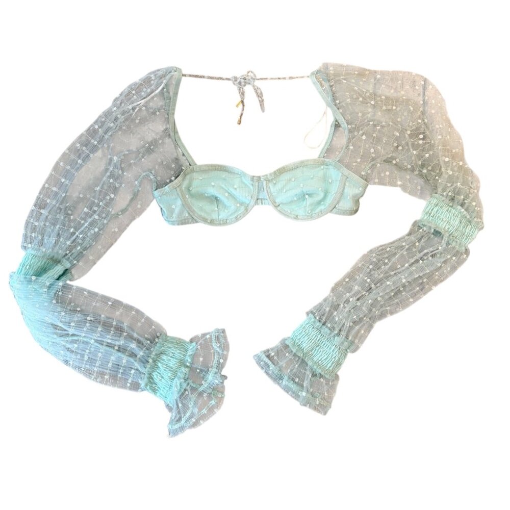 NWT ZYA The Label Pastel Blue Festival Wear Long Sleeve Sheer Crop Top